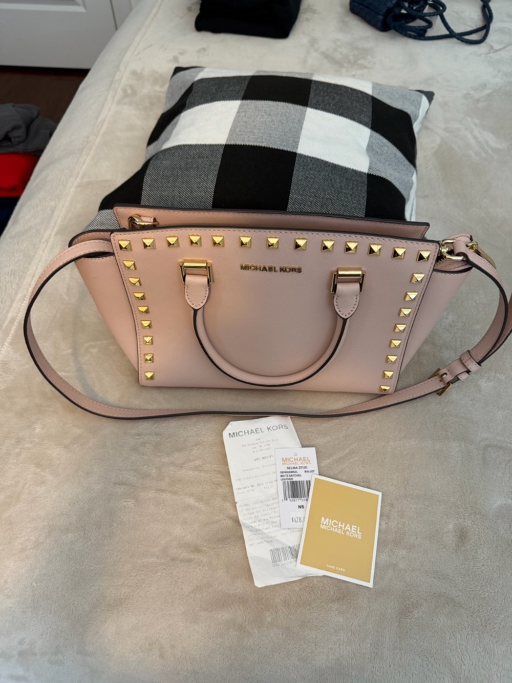 Michael Kors Blush Pink Studded Saffiano Satchel with Crossbody Strap - Picture 2 of 6